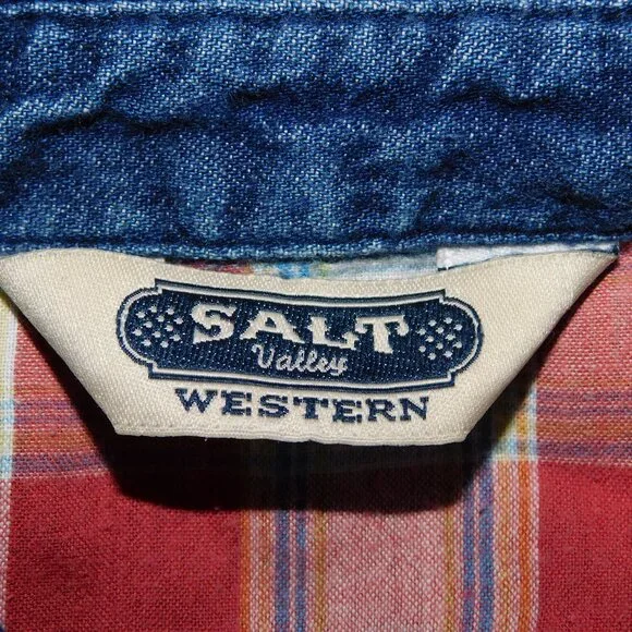 Salt Valley Western Mens M Red Plaid Denim Detail Short Sleeve pearl Snap Shirt - Picture 6 of 12